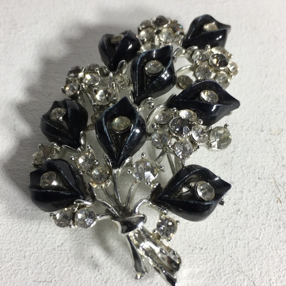 Vintage Silver Black Rhinestone Leaf Brooch - Picture 2 of 8